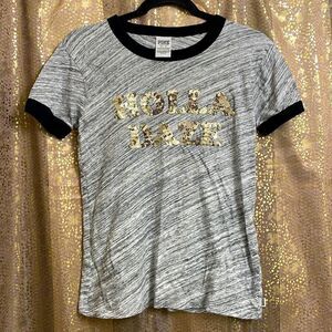 PINK Victorias Secret marled Heather gray Holla Daze sequin ringer t-shirt, XS